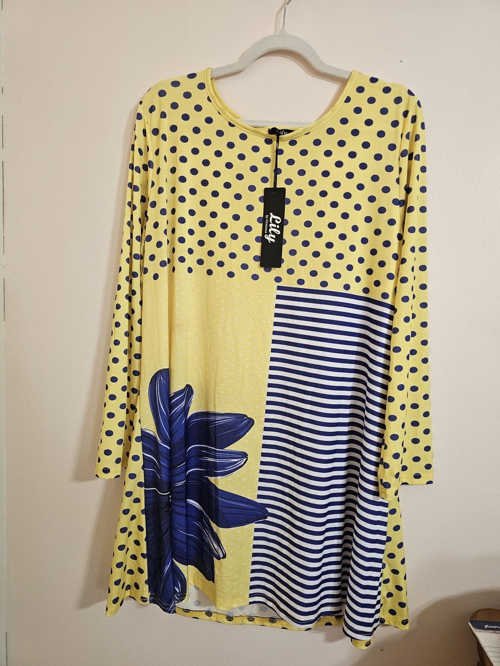 Lily 3X Women's Yellow & Purple Polka Dot Floral Stripe Tunic Top